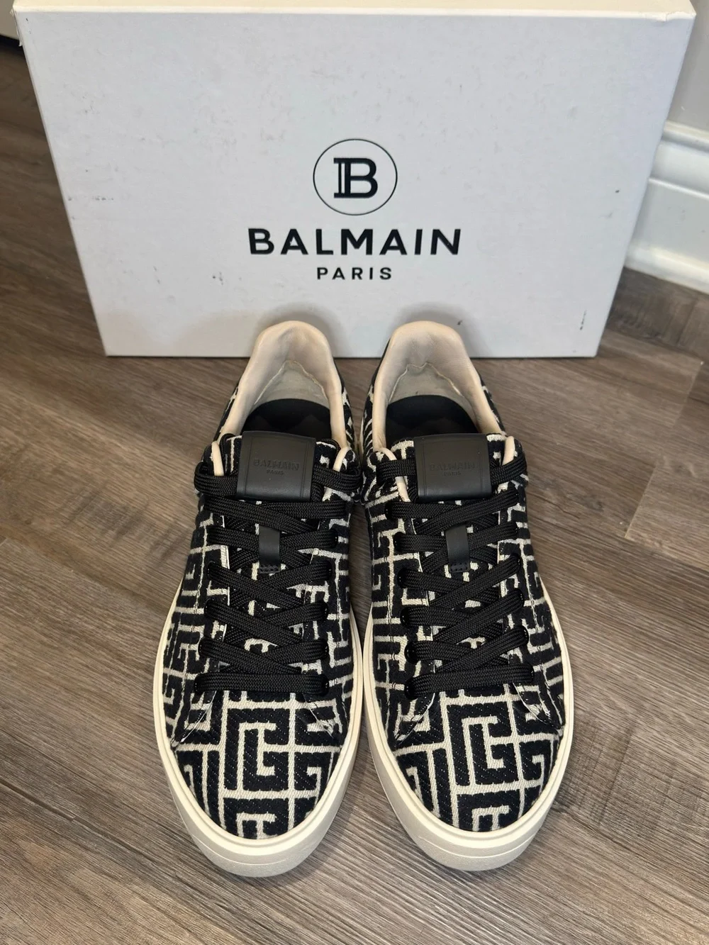 Balmain Monogram B-Court Jacquard Logo Black White Sneakers